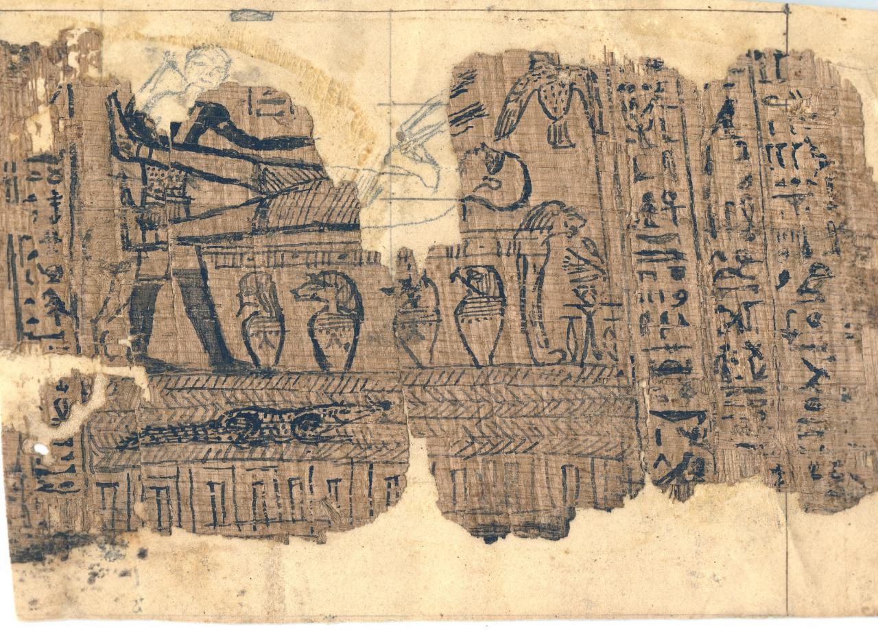 Fragmento de papiro amarillento y deteriorado, pegado sobre papel, con una figura tendida en un lecho de león, un hombre de pie a su lado, vasos canopos y columnas de jeroglíficos; hay zonas perdidas completadas a lápiz