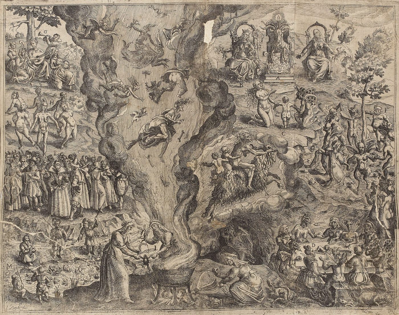 Grabado muy denso con un gran árbol central, un caldero humeante, danzas de figuras desnudas, un demonio entronizado y brujas volando por el cielo