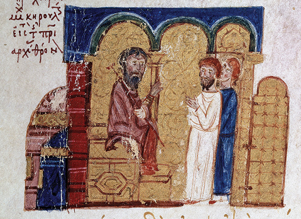Miniatura medieval sobre fondo dorado con arcos: un hombre barbado sentado en un trono habla con dos figuras de pie vestidas de blanco y azul