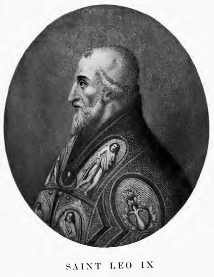 Grabado de busto de perfil de un papa con mitra bordada y barba, dentro de un óvalo, con la inscripción Saint Leo IX debajo