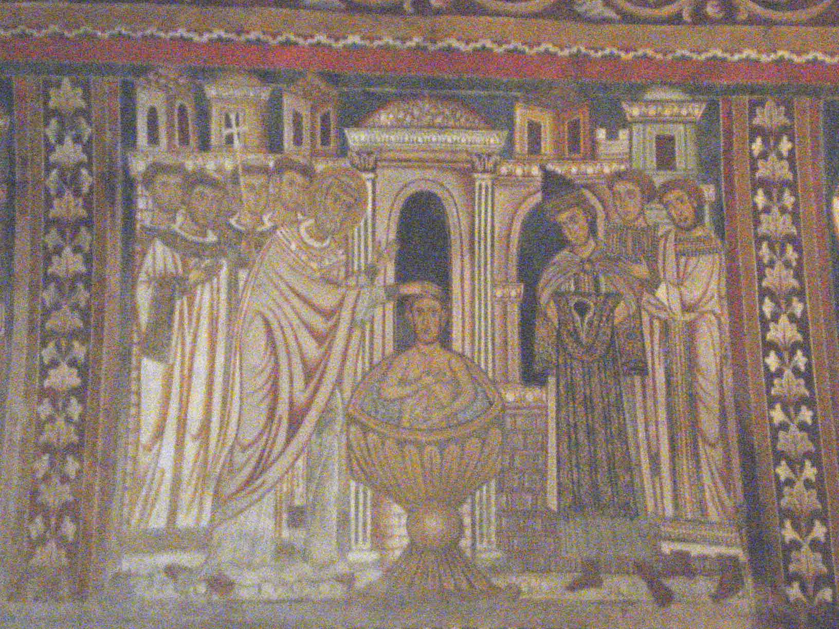 Fresco medieval en el que un papa bautiza a un hombre desnudo metido en una pila, entre dos grupos de clérigos y cortesanos