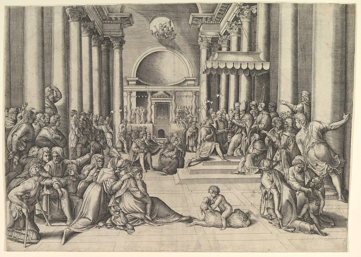 Grabado renacentista en blanco y negro de una escena en un templo clásico con un emperador que presenta la ciudad a un papa, entre una multitud de figuras