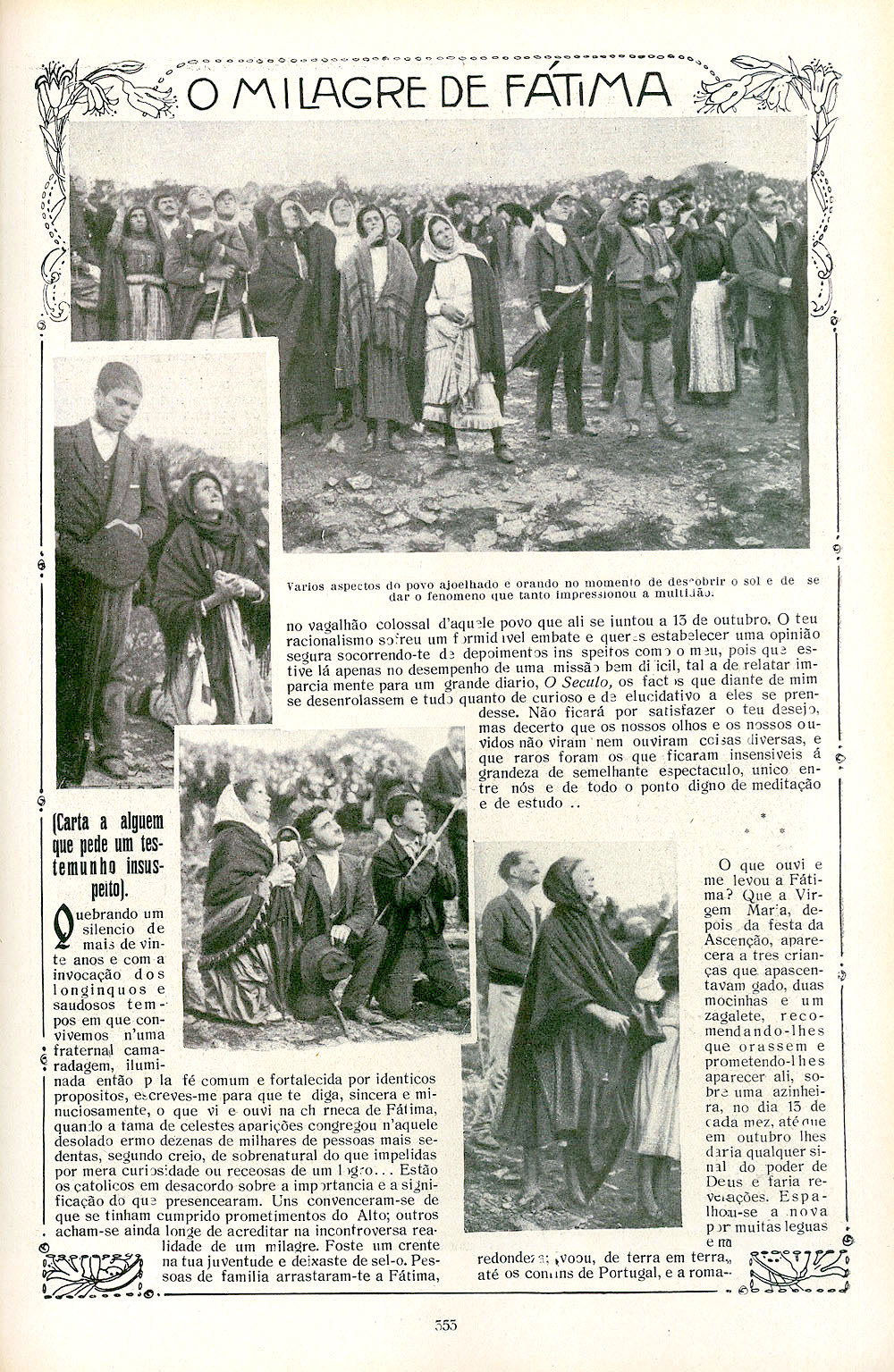 Página de revista de 1917 con el título O milagre de Fátima, varias fotografías de multitudes mirando al cielo y columnas de texto