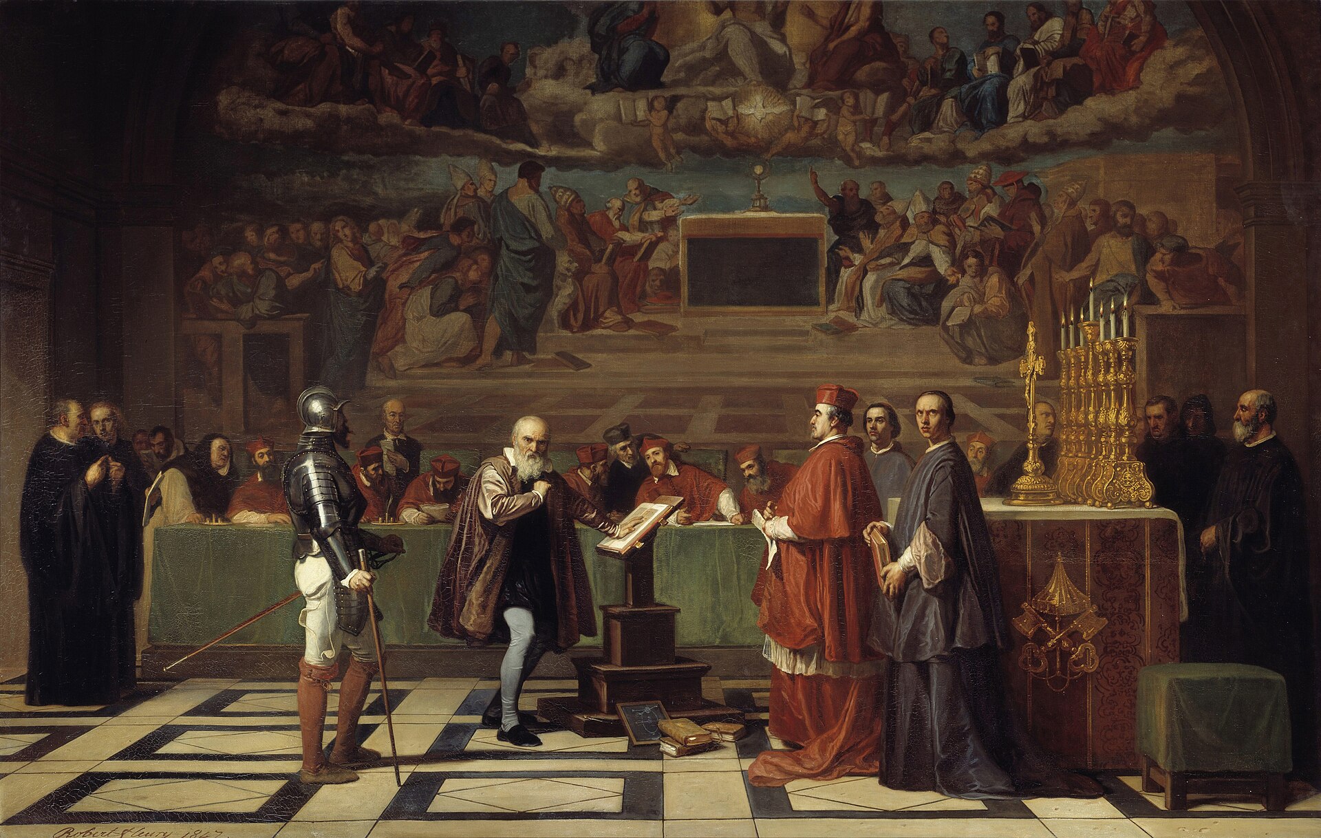 Pintura histórica de una gran sala con frescos donde un hombre anciano de pie, vestido de negro, se dirige a un grupo de cardenales y frailes sentados junto a una mesa con un crucifijo
