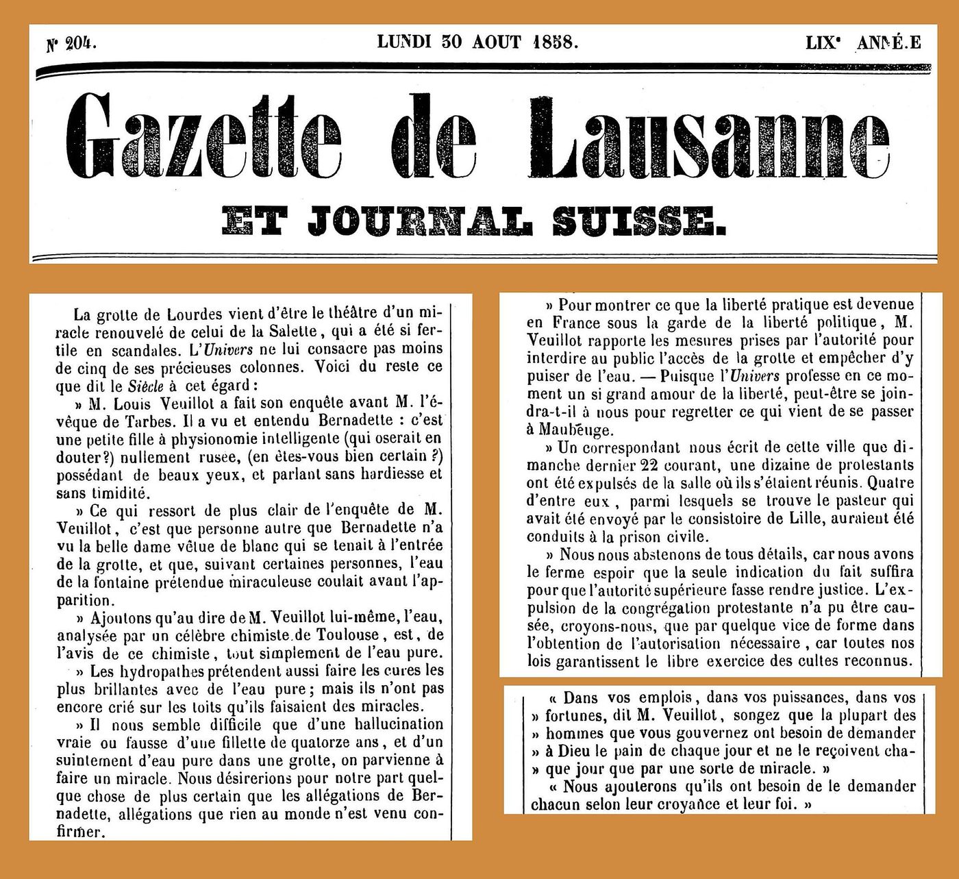 Página de un periódico suizo de 1858 con la cabecera Gazette de Lausanne y una columna de texto sobre la gruta de Lourdes