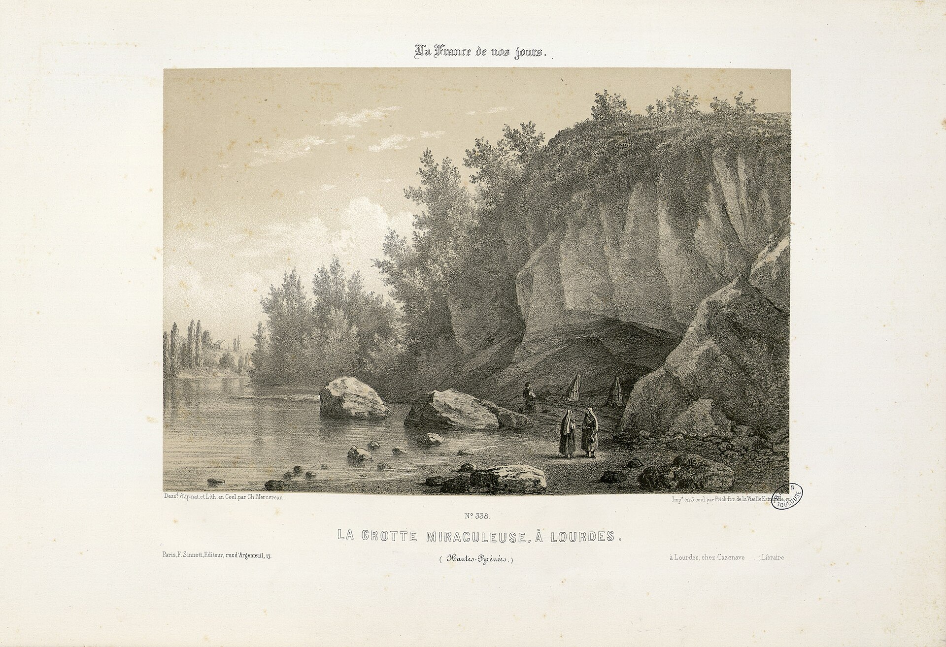 Litografía de una gruta en una pared rocosa junto a un río, con árboles y unas pocas figuras humanas diminutas delante