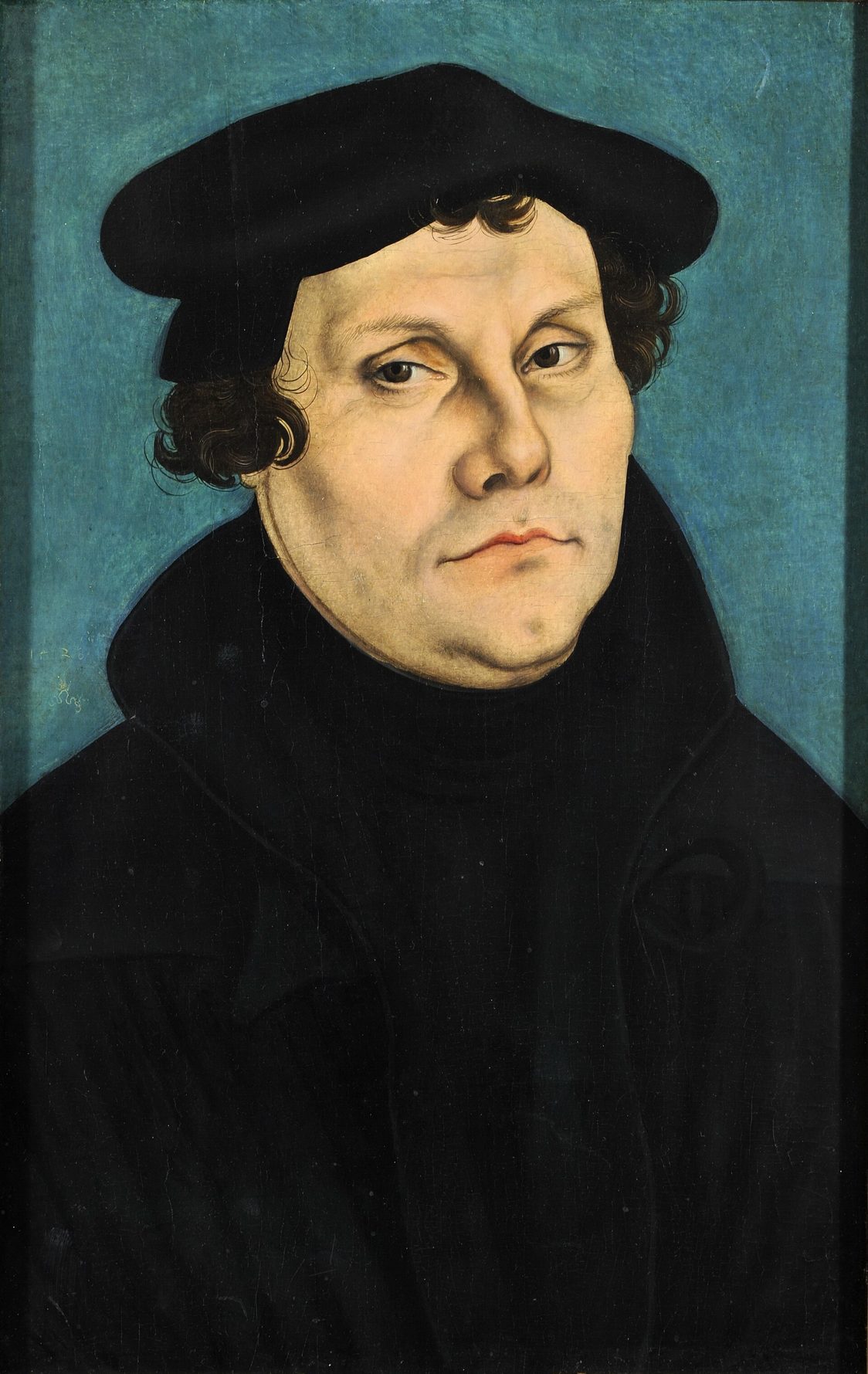 Retrato al óleo de medio cuerpo de un hombre de rostro ancho, con gorro negro y ropa negra, sobre un fondo azul verdoso