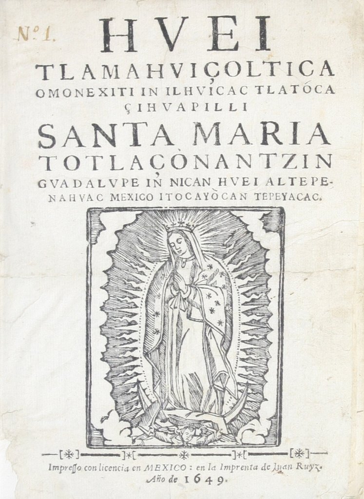 Portada de un libro antiguo con el título en letras capitales en náhuatl y un grabado de la Virgen de Guadalupe en la mitad inferior