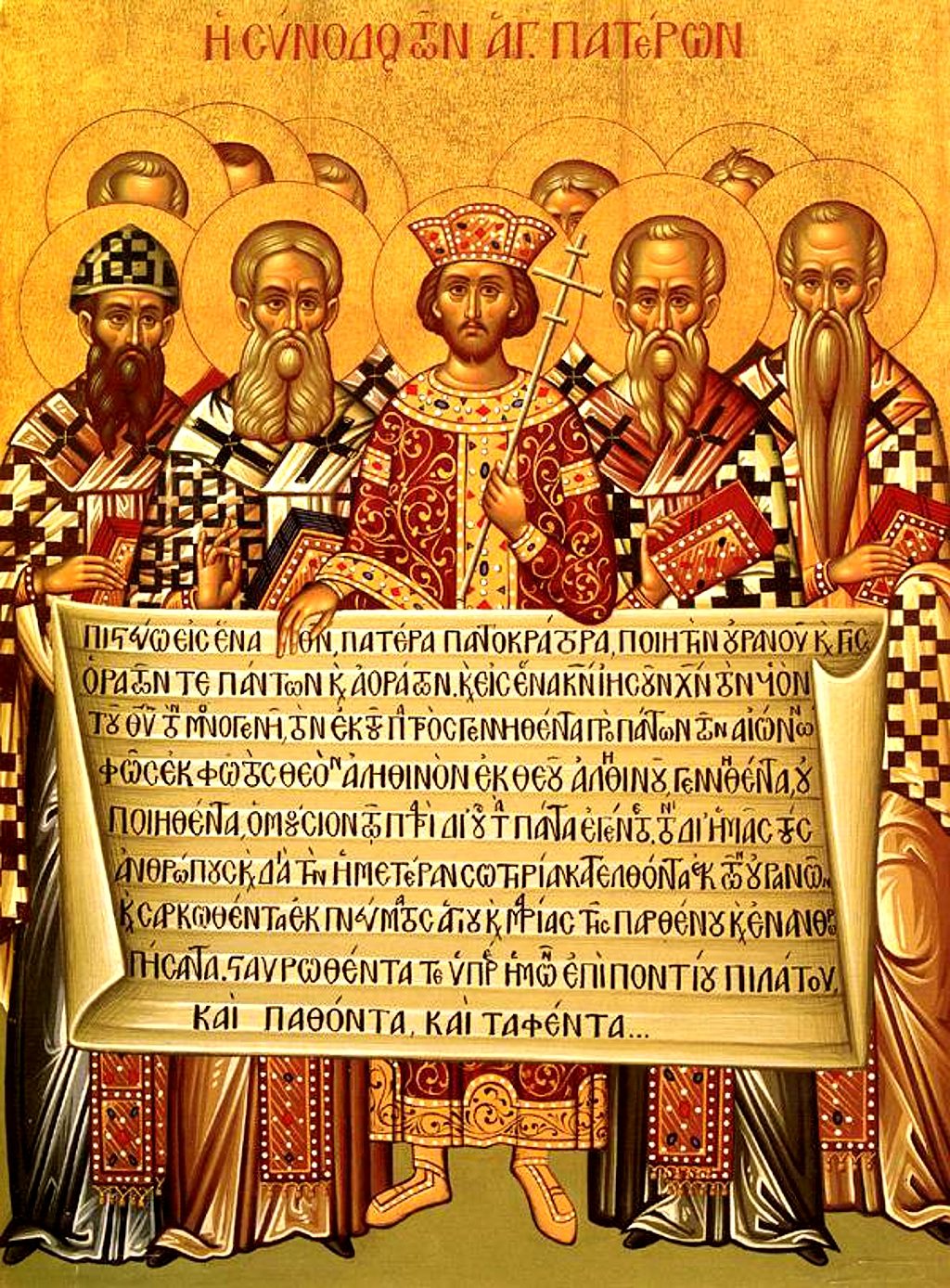 Icono de estilo bizantino sobre fondo dorado: en el centro un emperador coronado con un cetro en forma de cruz y, a su alrededor, obispos con aureola y vestiduras litúrgicas sostienen un gran rollo con un texto en griego