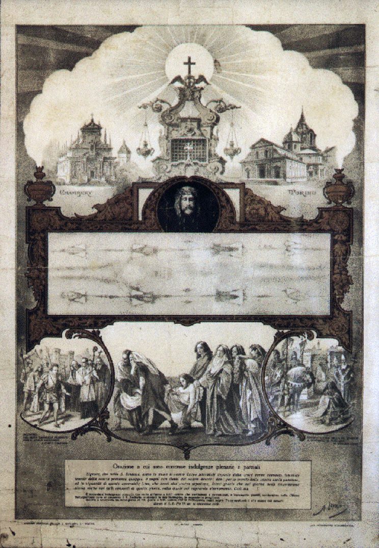 Cartel conmemorativo decorado con la catedral de Turín, un medallón con el rostro y el lienzo desplegado en el centro, y escenas religiosas en la parte inferior