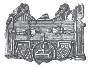 Dibujo de una insignia de plomo rota con un lienzo extendido que muestra dos figuras humanas tumbadas y, debajo, dos escudos y un sepulcro