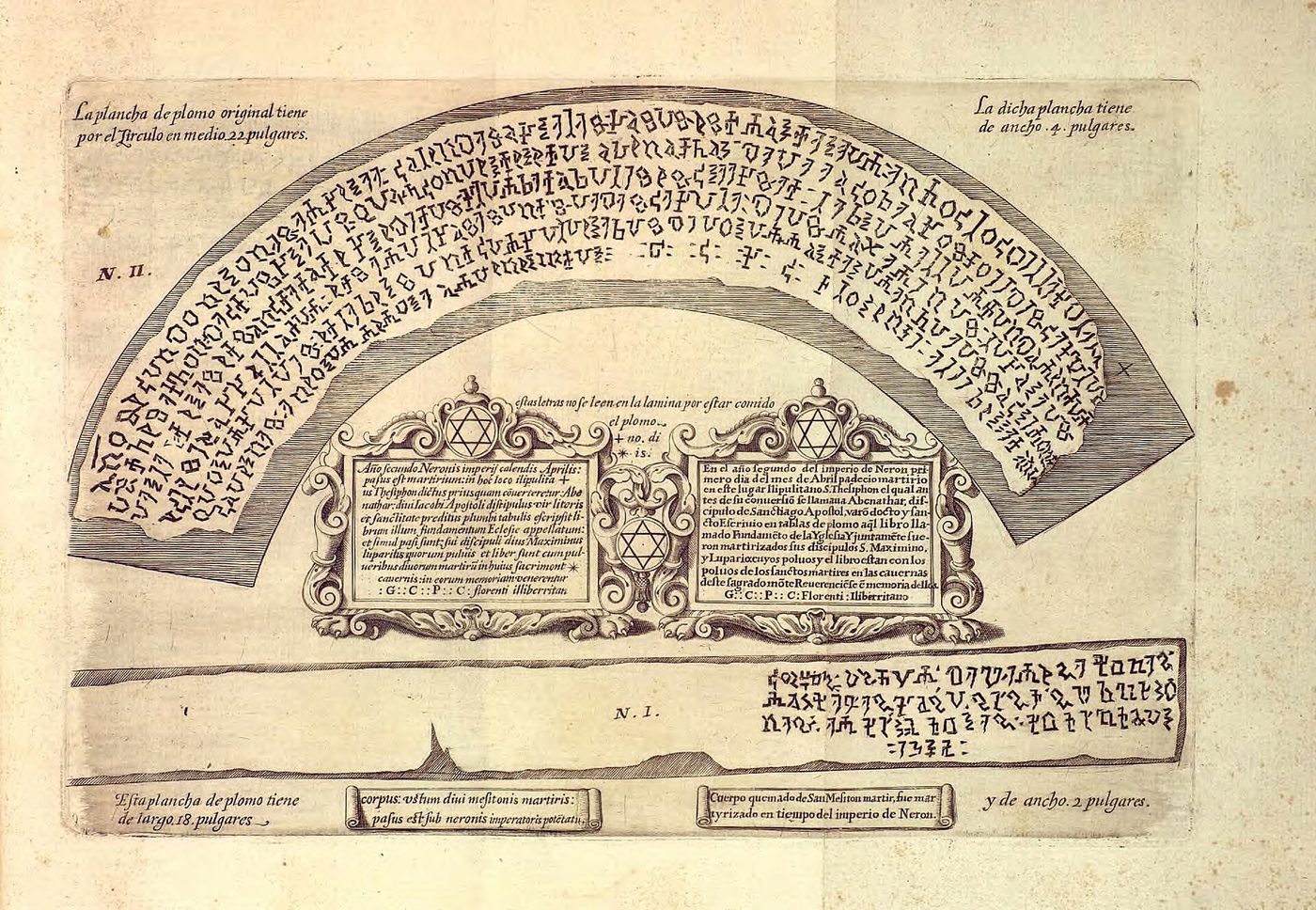 Grabado con láminas redondeadas cubiertas de escritura en caracteres extraños, cartelas con estrellas de seis puntas y textos explicativos en castellano
