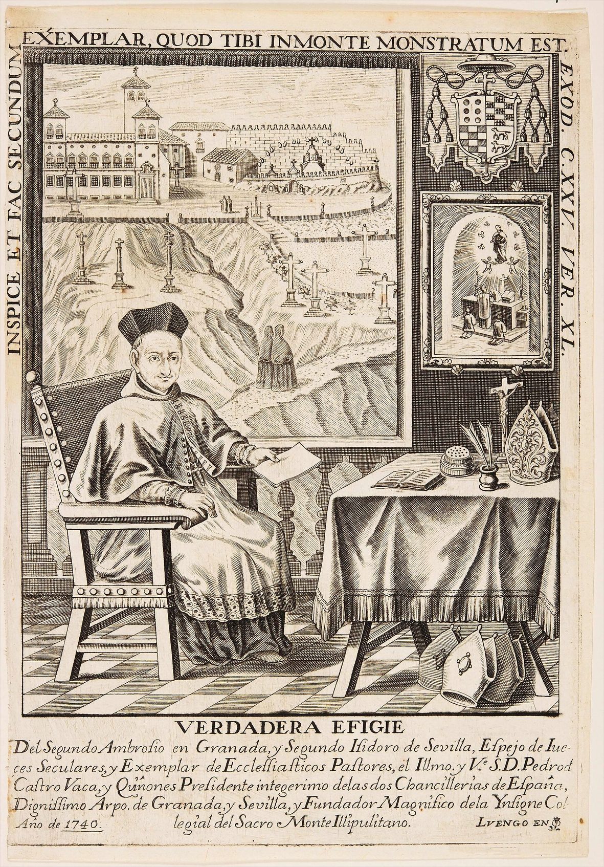Grabado de un eclesiástico sentado ante una mesa con papeles, junto a una ventana con vista del monte y la abadía, con escudo y cartelas