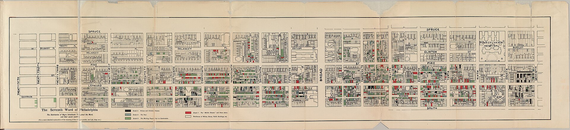 Mapa plegable de 1899 del Séptimo Distrito de Filadelfia, con las viviendas coloreadas por condición social