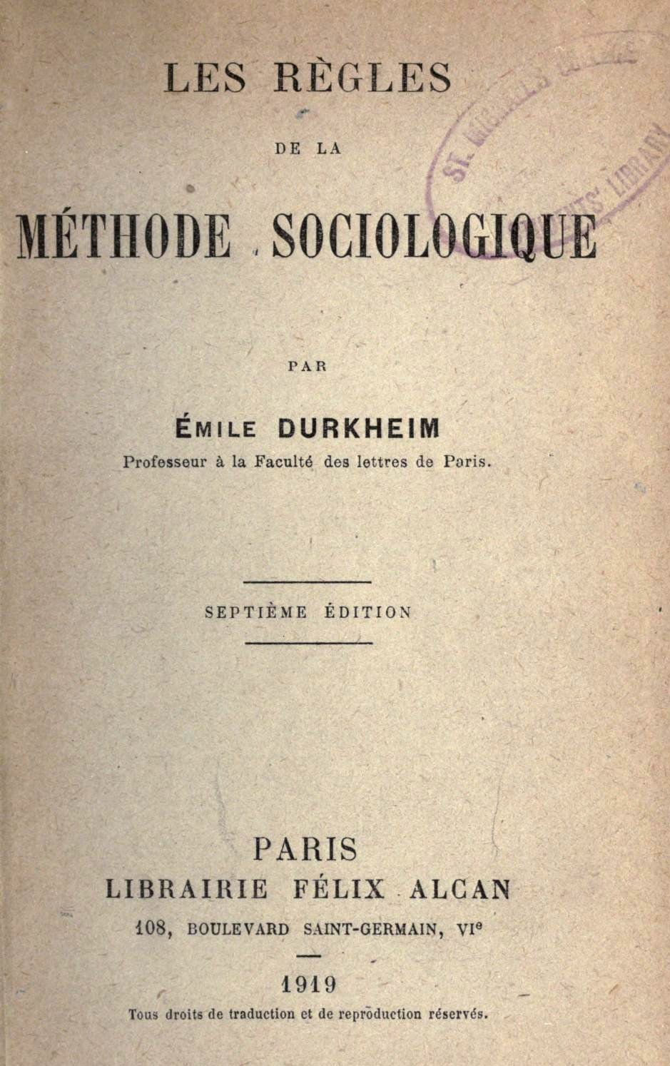 Portada tipográfica de Les règles de la méthode sociologique, de Émile Durkheim, editorial Félix Alcan