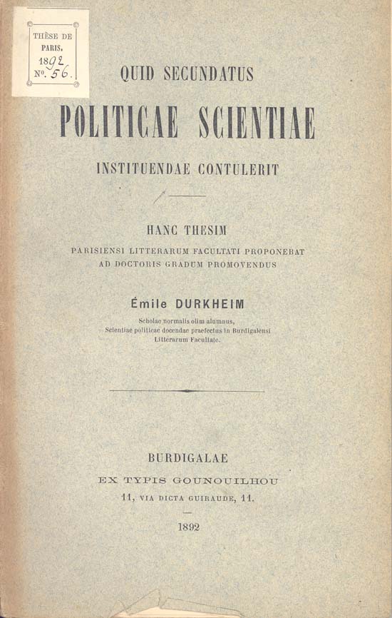 Portada en latín de la tesis doctoral de Durkheim sobre Montesquieu, Burdeos, 1892