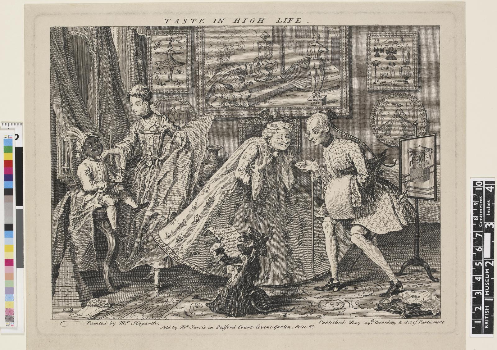 Grabado de Hogarth, «Taste in High Life»: una pareja aristocrática admira afectadamente una tacita de porcelana en un salón recargado