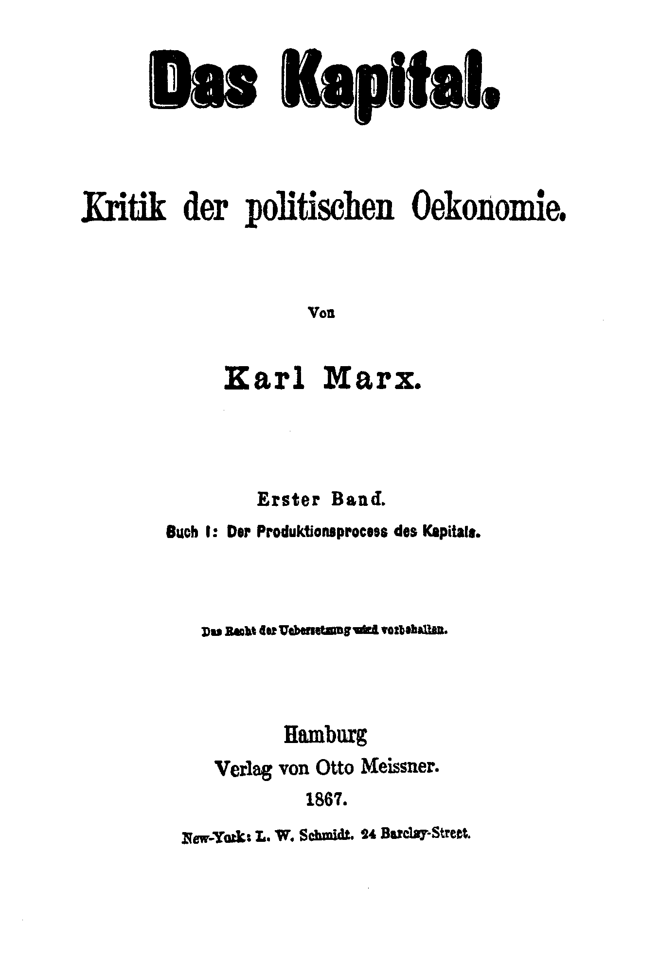 Portada de la primera edición de Das Kapital, Hamburgo, 1867