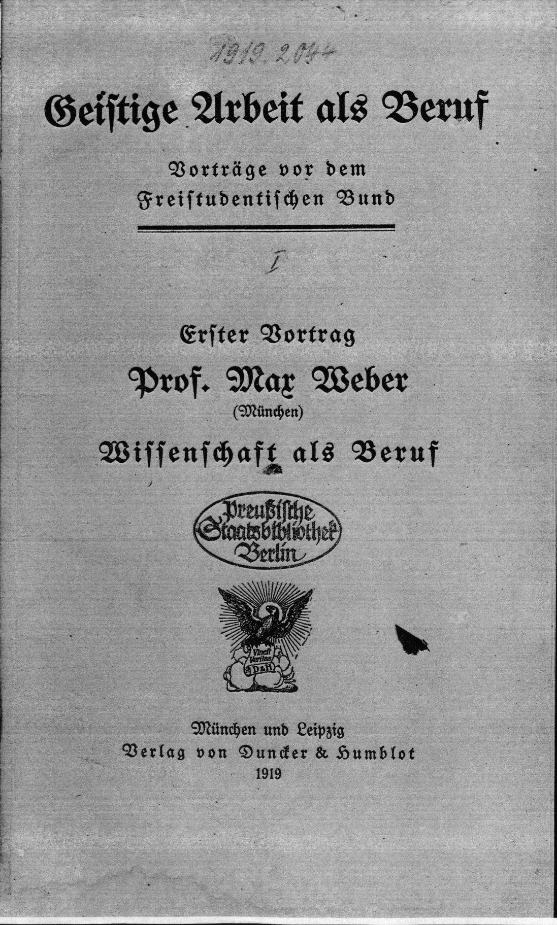 Primera página impresa de «Wissenschaft als Beruf», de Max Weber