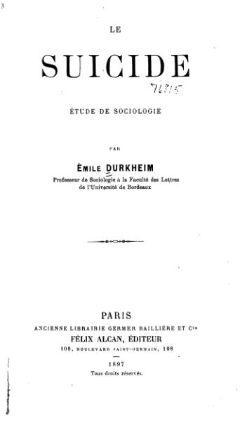 Portada tipográfica de Le Suicide, editorial Félix Alcan, París, 1897