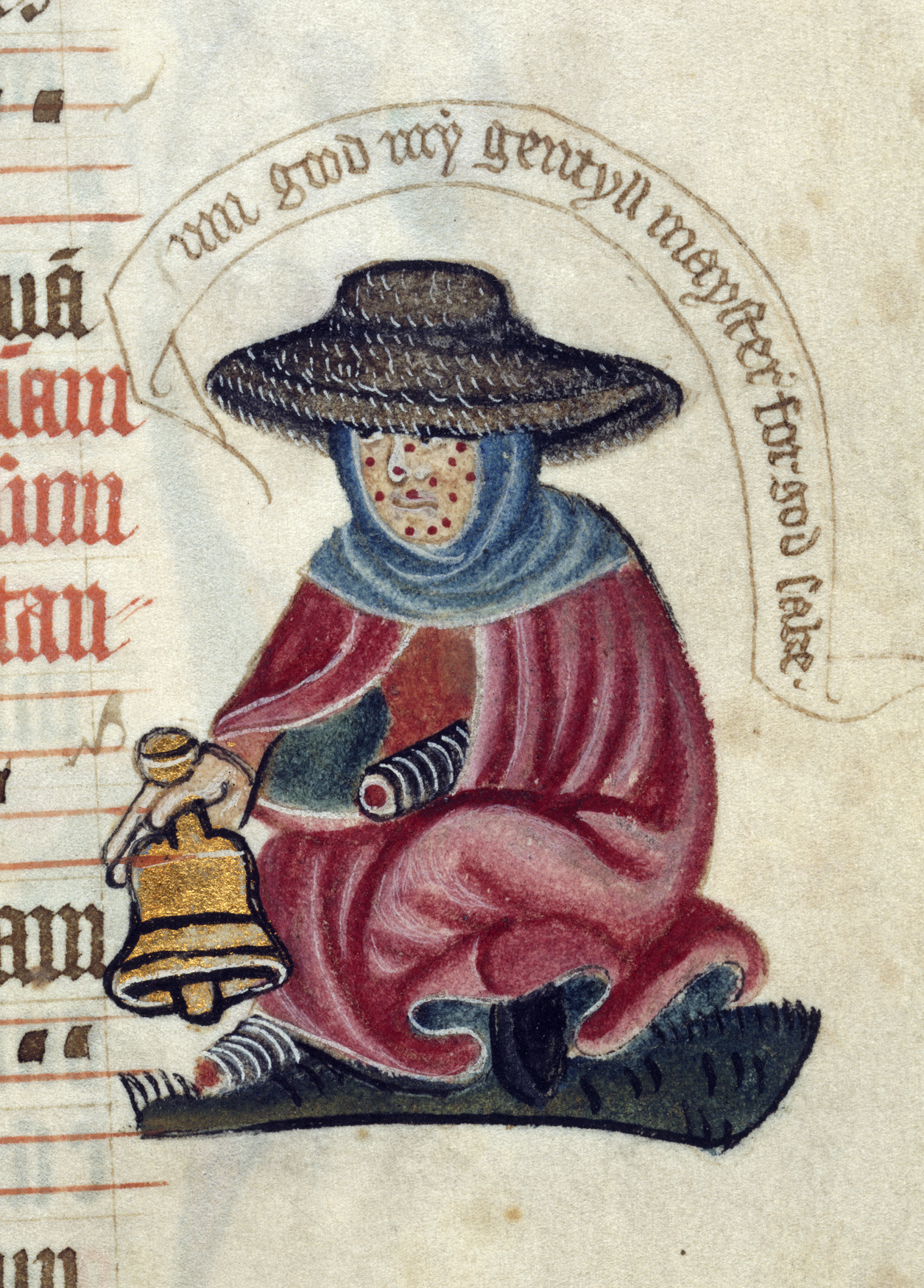 Miniatura medieval de un hombre sentado con sombrero de ala ancha y manto rojo, con manchas en la cara, que sostiene una campanilla, junto a una inscripción en letra gótica
