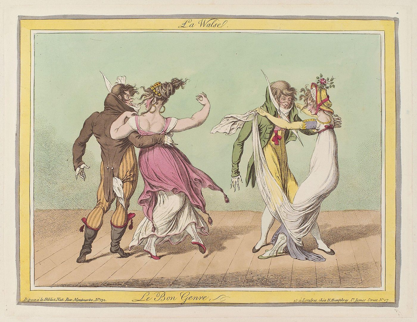 Caricatura coloreada de principios del siglo XIX con tres parejas bailando el vals en posturas exageradas y ropa muy ligera, bajo el rótulo «La Walse»