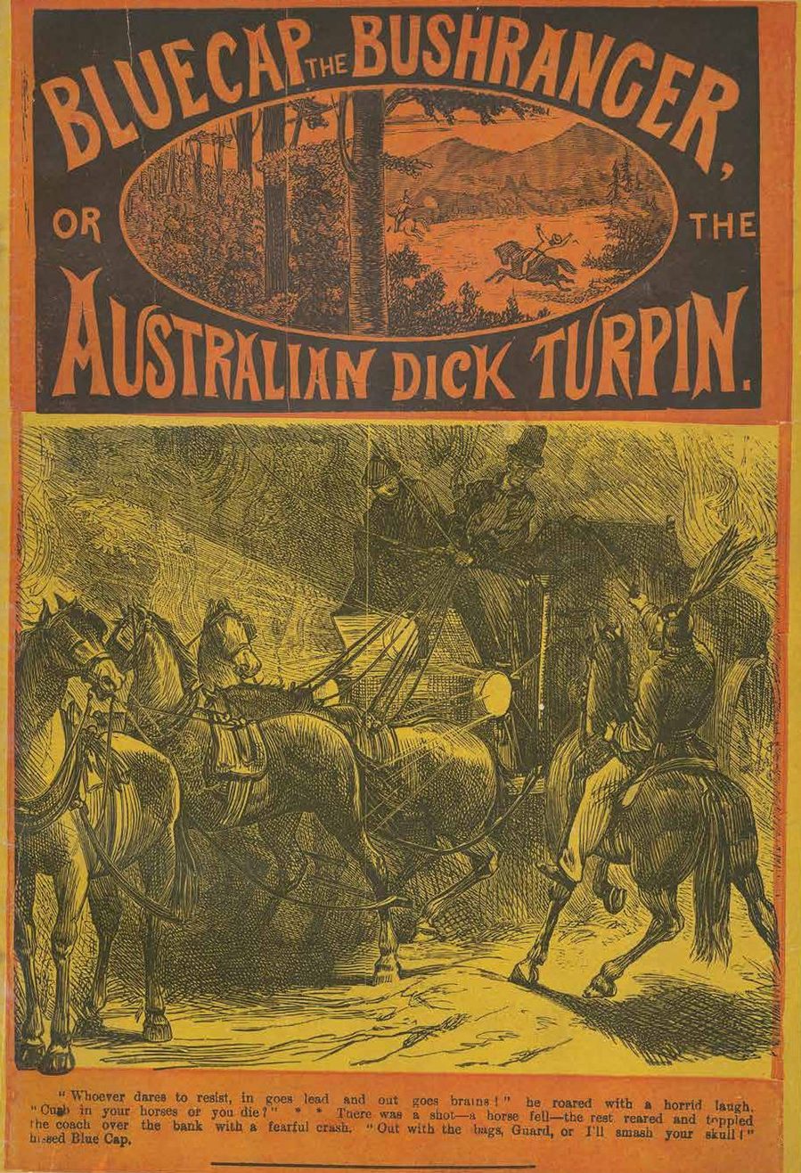 Cubierta impresa en naranja y negro de un folletín británico del siglo XIX titulado «Bluecap the Bushranger», con una escena de asalto a caballo