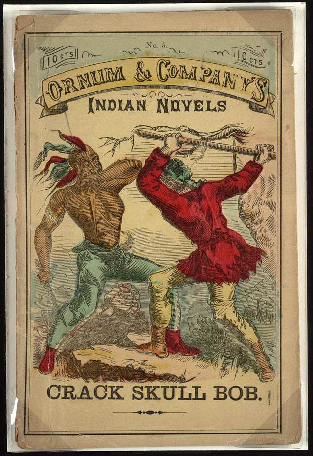 Cubierta ilustrada a color de una novela barata del siglo XIX con dos figuras enfrentadas en actitud violenta