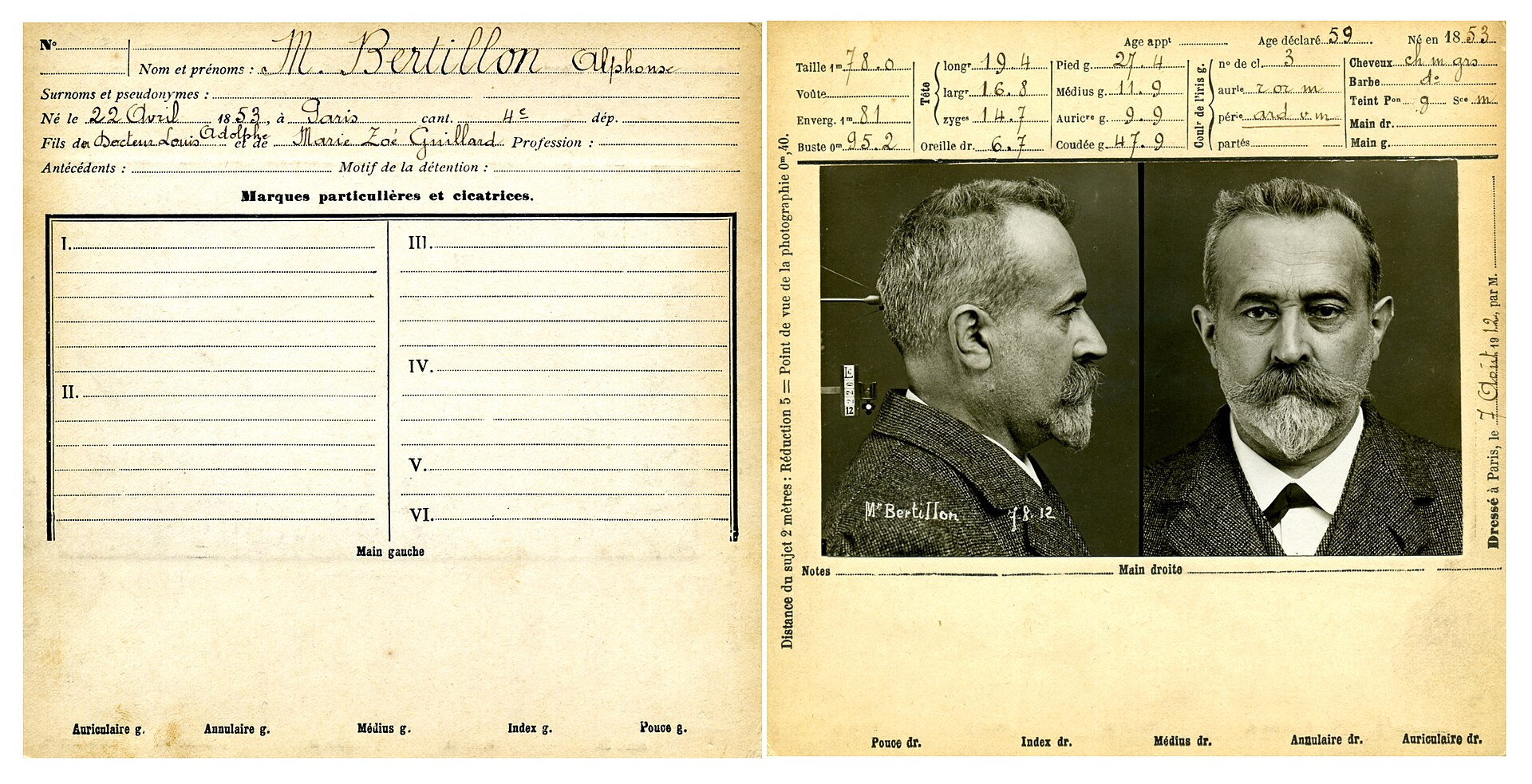 Ficha policial de identificación abierta por sus dos caras, con casillas de medidas corporales manuscritas y dos fotografías de un hombre, de frente y de perfil