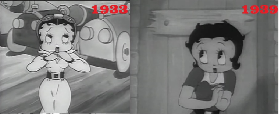 Comparación lado a lado de dos fotogramas del mismo personaje de dibujos animados, uno de 1933 con vestido corto y liguero y otro de 1939 con falda larga