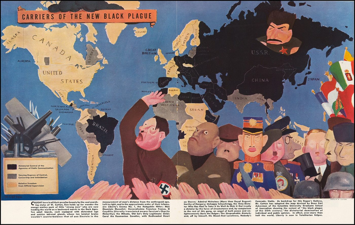 Mapa del mundo de mediados del siglo XX coloreado por grados de control estatal de la comunicación, con caricaturas de varios dictadores asomando por el borde inferior