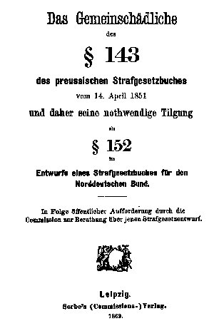 Portada tipográfica de un folleto alemán de 1869 sobre el artículo 143 del código penal prusiano