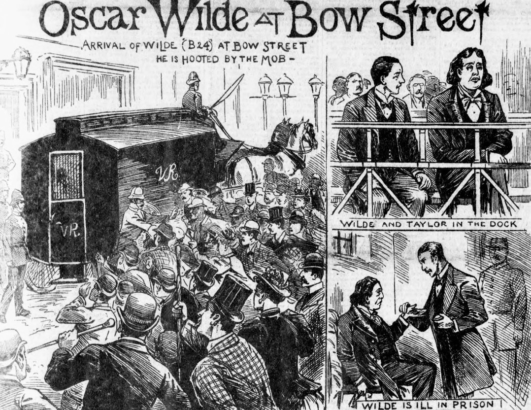 Grabado de prensa de 1895 con varias viñetas del traslado y el juicio de Oscar Wilde, con una multitud alrededor del furgón