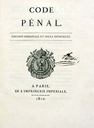 Portada tipográfica del Code Pénal francés impreso en París en 1810