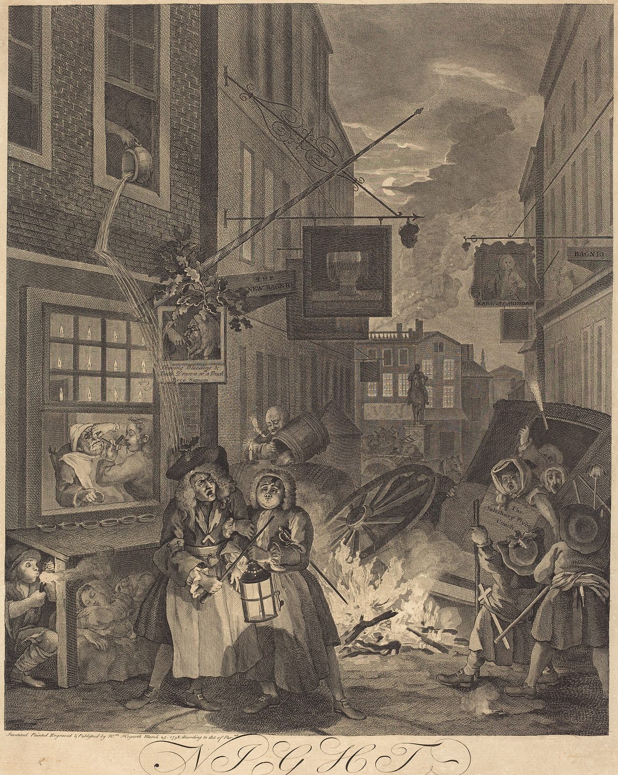 Grabado de William Hogarth de una calle londinense de noche, con una taberna, una hoguera y varias figuras apretadas en el primer plano