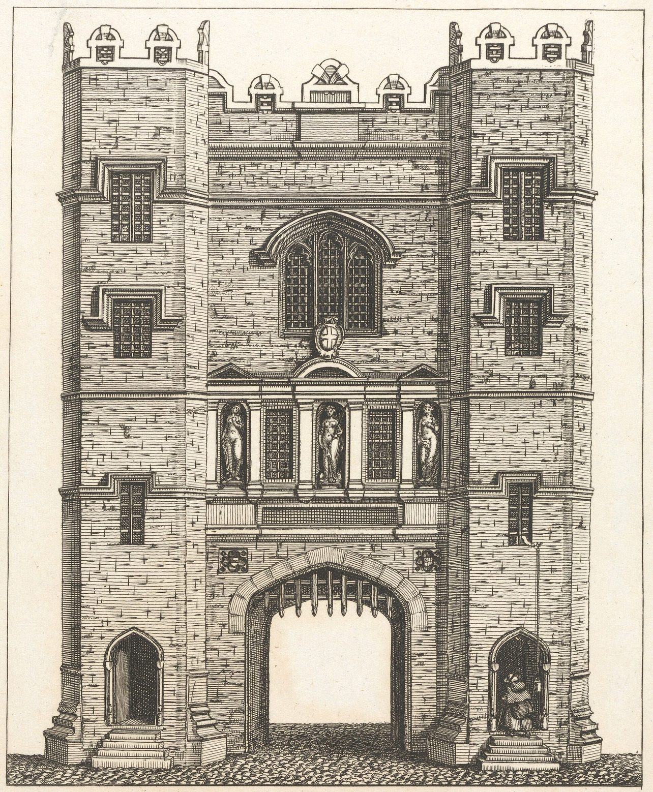 Grabado de la fachada de la prisión de Newgate en Londres, con muros de sillería y ventanas enrejadas