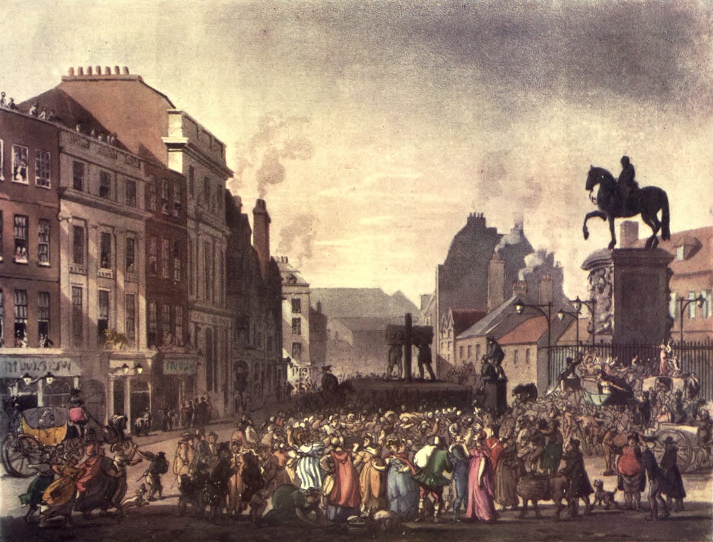 Grabado coloreado de 1809 de la picota de Charing Cross con una gran multitud alrededor arrojando objetos al condenado