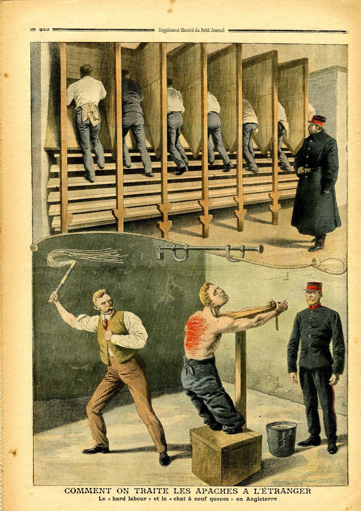 Portada ilustrada de 1907 dividida en dos escenas: en la superior varios hombres encerrados en celdas de castigo, en la inferior un preso siendo azotado ante un guardia