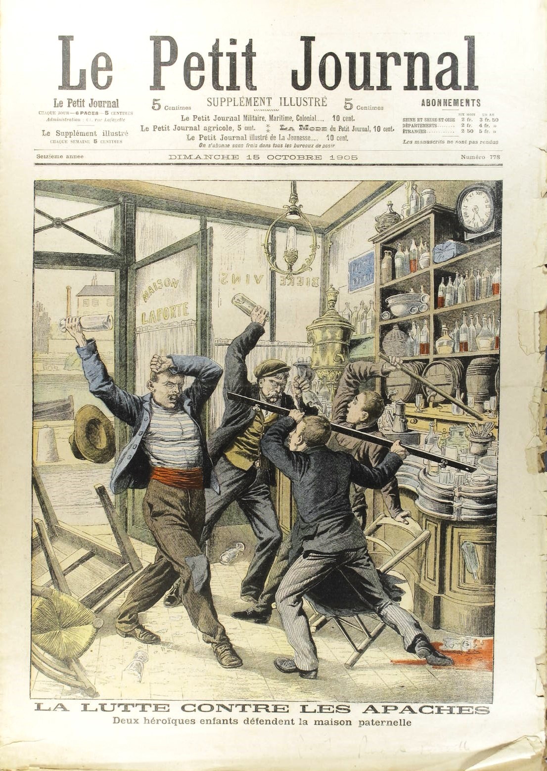 Portada a color de un semanario francés de 1905 titulada «La lucha contra los apaches», con varios jóvenes armados con navajas irrumpiendo en una tienda mientras un hombre cae al suelo