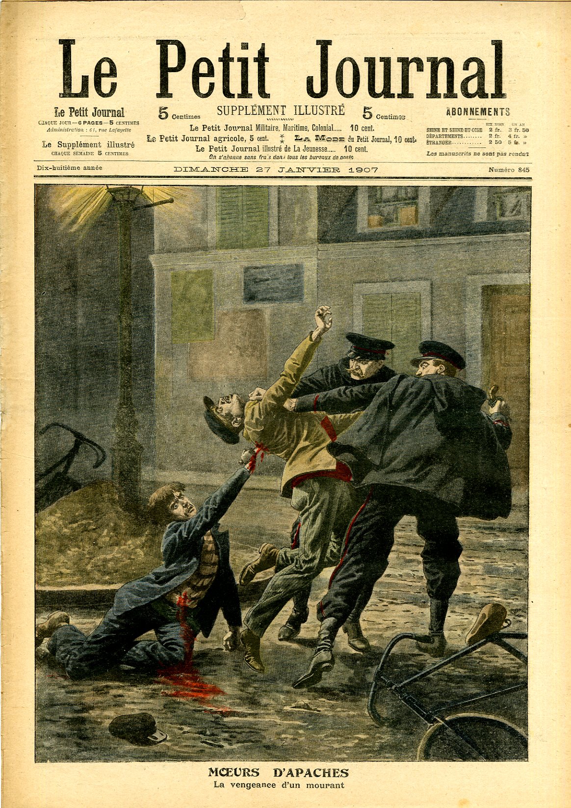 Portada ilustrada a color de un semanario francés de 1907 titulada «Costumbres de apaches», con una pelea a navaja entre jóvenes en una calle nocturna