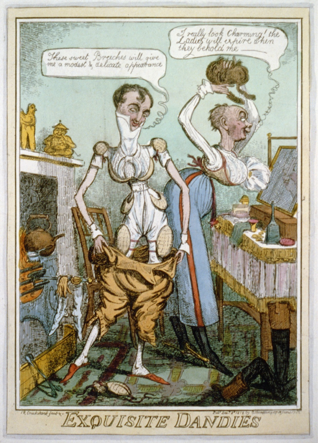 Caricatura inglesa de hacia 1818 de dos hombres muy delgados con cuellos altísimos y cinturas ceñidas, en actitud afectada ante un espejo