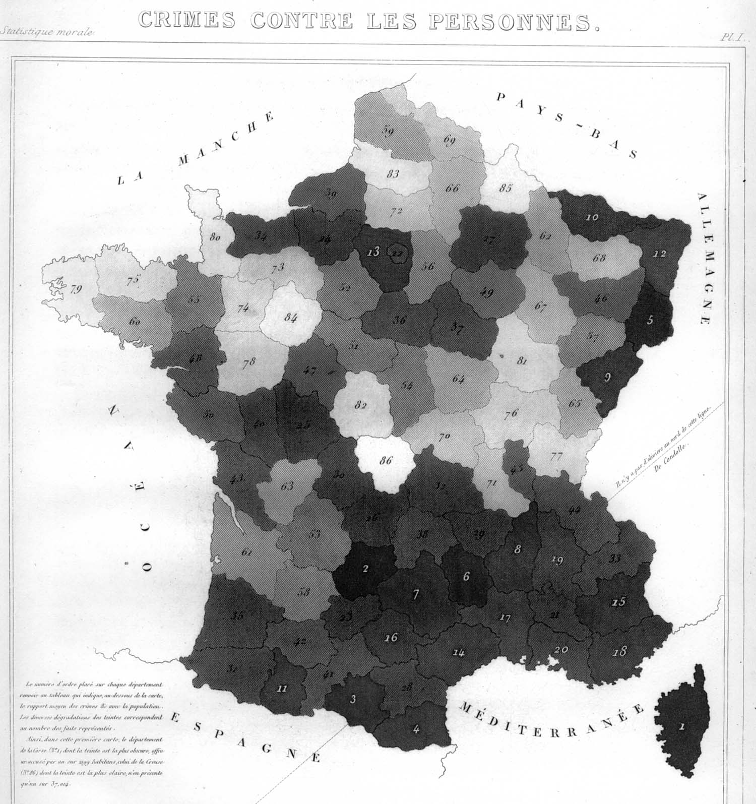 Mapa antiguo de Francia dividido en departamentos sombreados en distintos tonos de gris, más oscuros los que tienen más delitos, con el título Crimes contre les personnes
