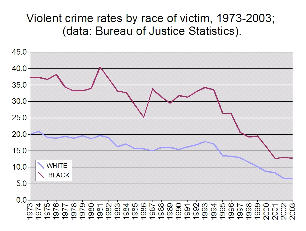 Gráfico de líneas con dos series entre 1973 y 2003: la tasa de delitos violentos sufridos por personas negras, más alta, y la de personas blancas, más baja, ambas descendiendo con fuerza desde mediados de los noventa