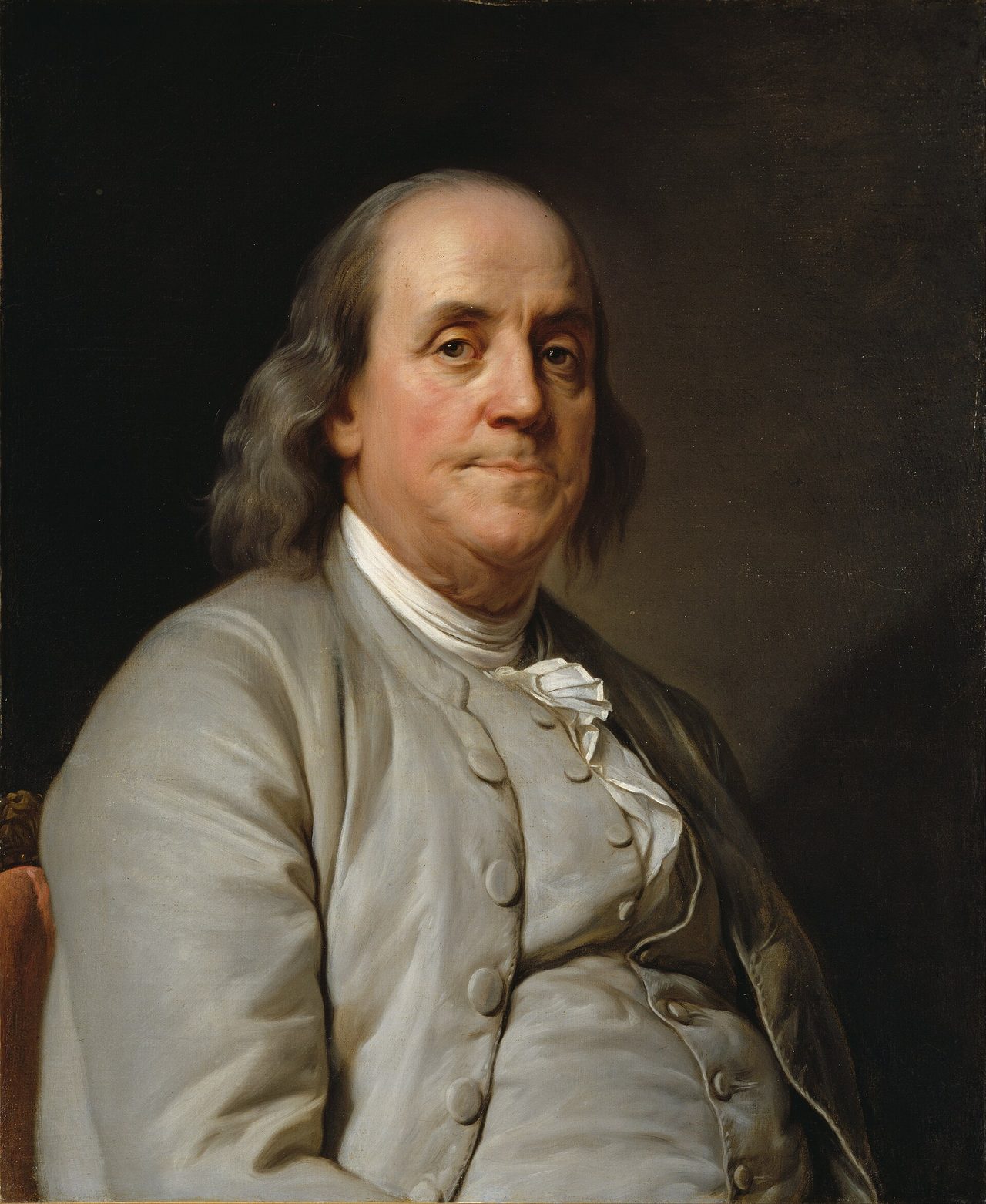 Retrato al óleo de Benjamin Franklin con casaca azul, por Joseph-Siffred Duplessis