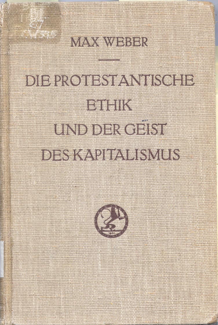 Cubierta en tela de una edición alemana antigua de La ética protestante, con el título estampado
