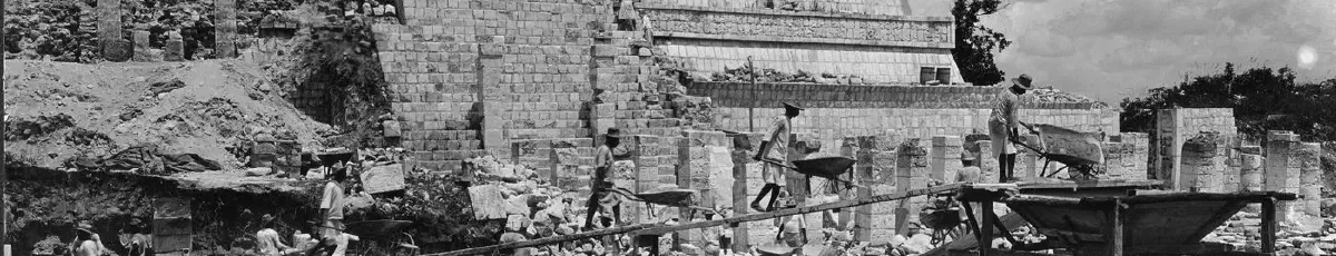 Excavation in progress in front of the Temple of the Warriors, Chichen Itza, 1927 — Arqueología